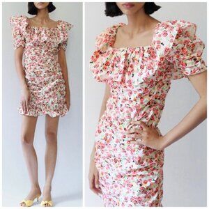 Zara Floral Ruffled Hem Ruched Mini Dress